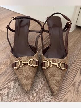 Designer-Inspired Brown Monogram Slingback kitten heel with Gold Hardware